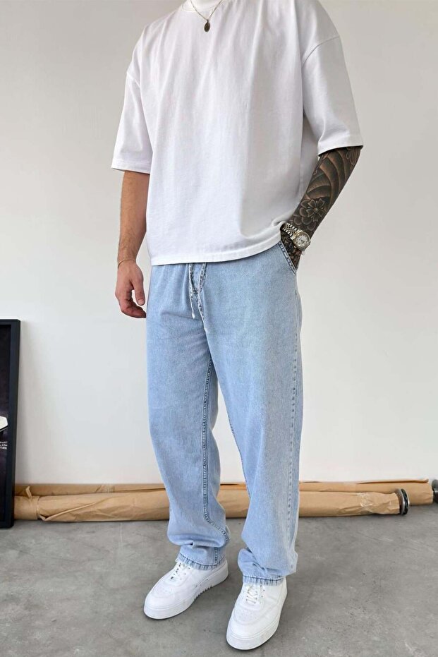 Ice Blue Elastic Waist Baggy Trousers