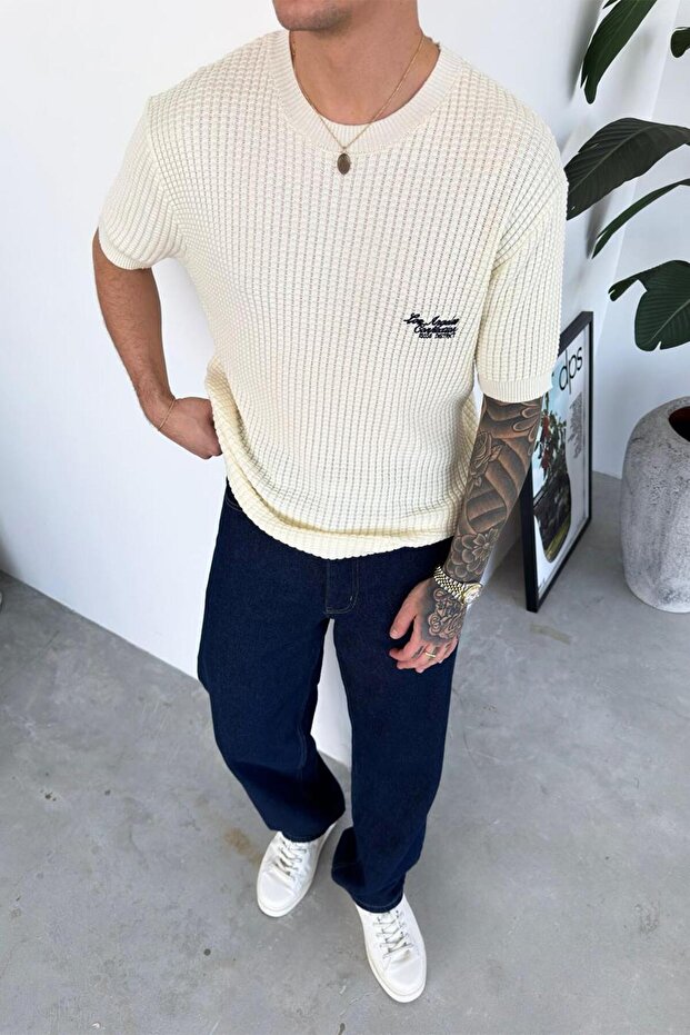 Cream Los Angeles Embroidered Knitted Sweater T-Shirt
