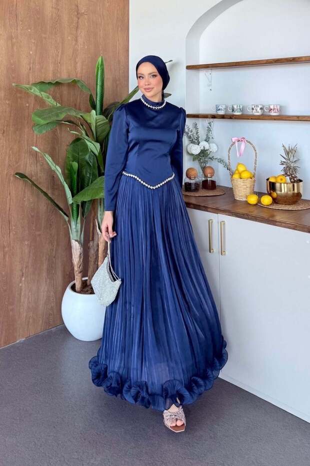 Roxana Stone Evening Dress Navy Blue