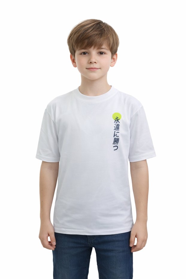 Boy's Oversize Fit White Color Short Sleeve T-Shirt with Japanese Text on the Front and Back and Dragon Pattern