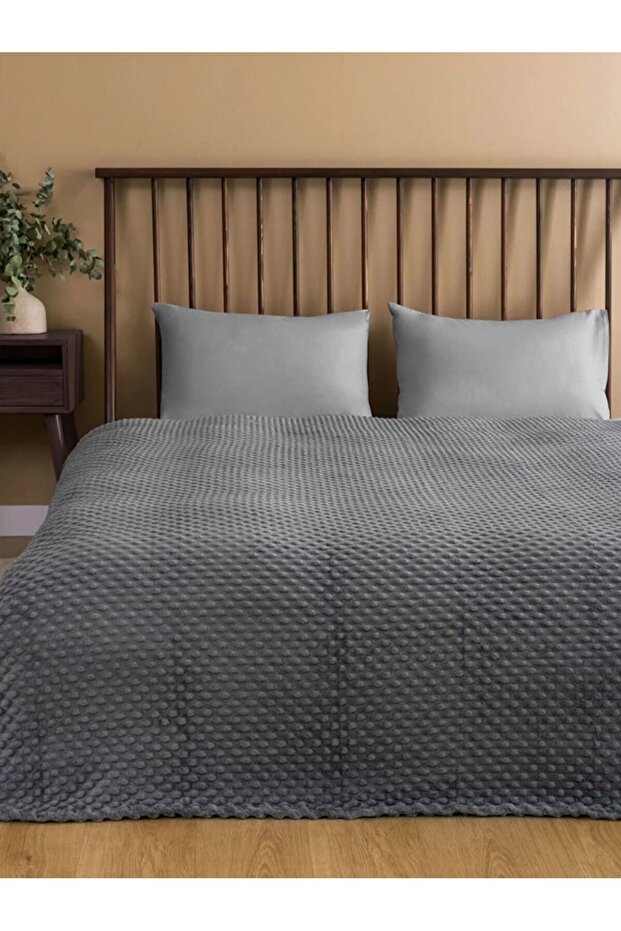 LCW HOME بطانية ويلسوفت مزدوجة منقوشة باللون الرمادي مقاس 200 × 220 سم