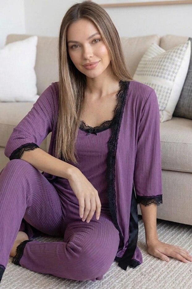 Lilac Patterned Pegasus Pajama Set with Robe - 5