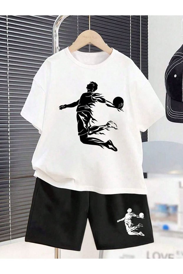 Summer Slam Dunking Basketball Player Printed Boys' Black Shorts and White T-Shirt Set