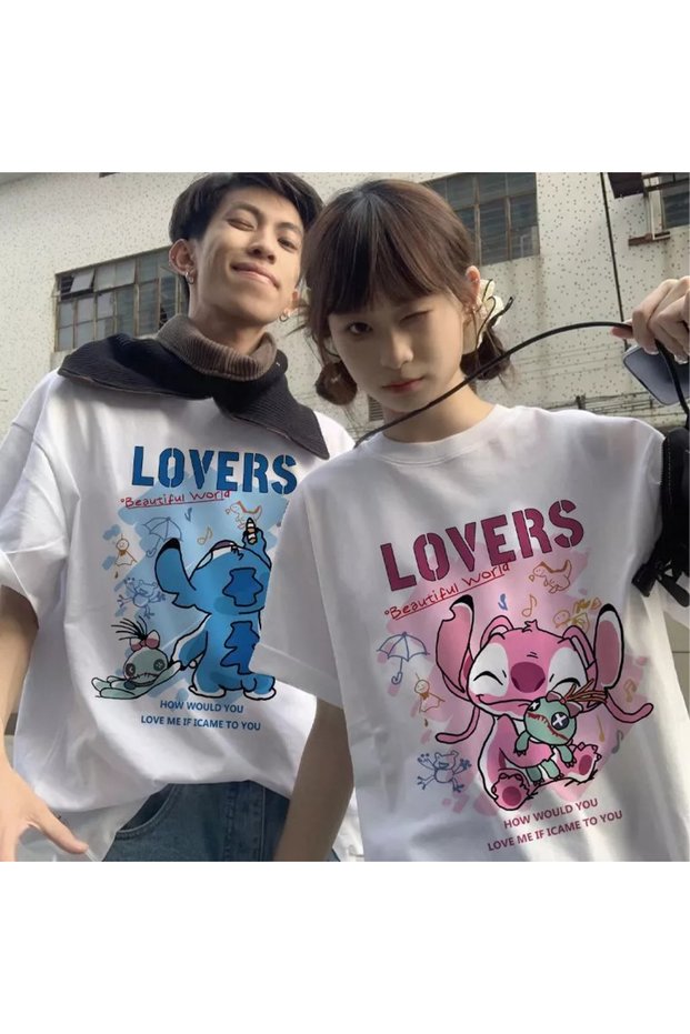 Unisex Stitch and Angel Lovers Printed Lover Couple Combination Design Oversize T-Shirt Set of 2