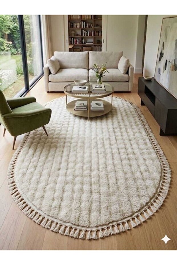Oval Kirem Babil Ponpon Fringed Plush Carpet Non-Slip Base 13 ml Thickness 2.2