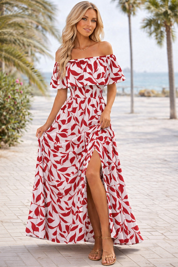 New Season Women's Madonna Collar Elasticated Chest Slit Long Patterned Single Jersey Summer Dress