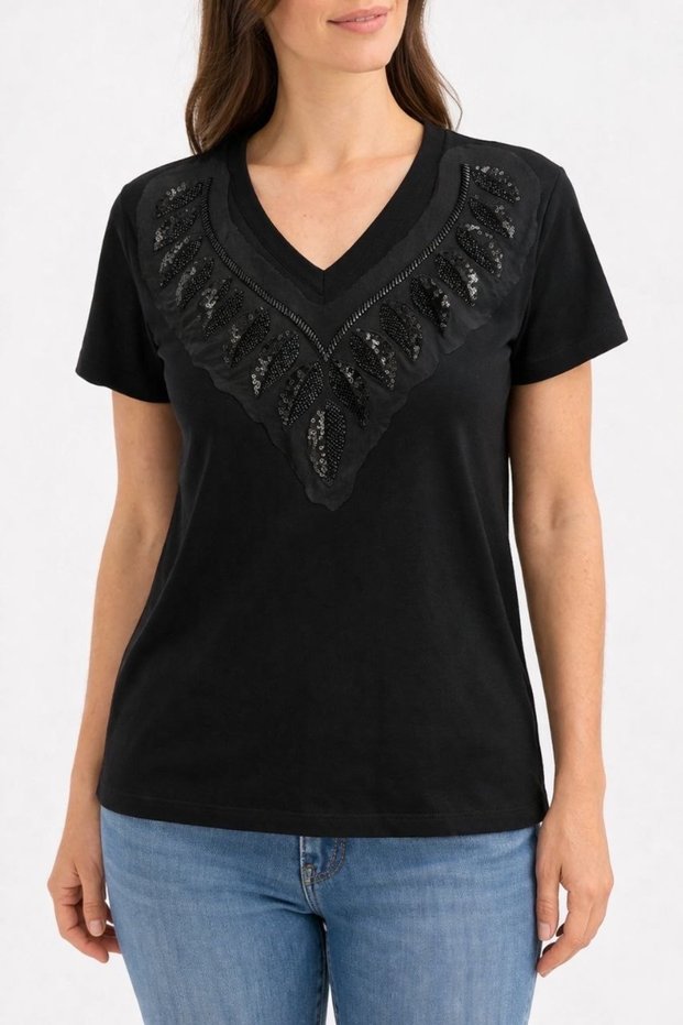 Women's V-Neck Modal Cotton Sequin Detailed Basic Short Sleeve T-Shirt New Season