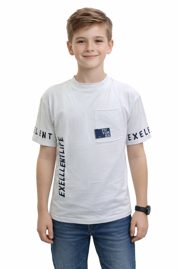 Boy's Exellentlife Text Patterned White Color Short Sleeve T-Shirt with Text on the Sleeves and Pockets