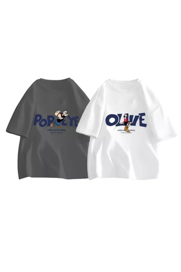 Unisex Popeye and Safinaz Printed Lover Couple Combination Design Oversize T-Shirt Set of 2