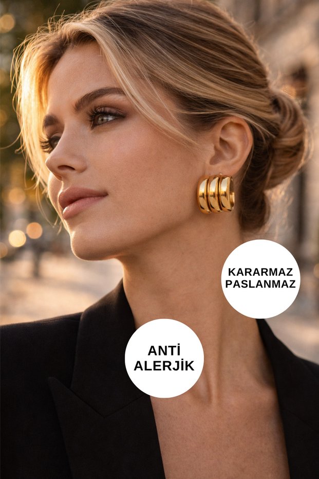 Gold Color Earrings Non Tarnish Stainless Anti-Allergic Water Resistant Women's Triple Half Hoop Steel Earrings