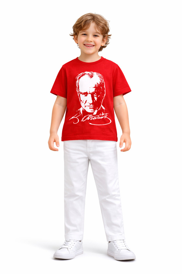 Ataturk Printed Red Boys' Short Sleeve T-Shirt and White Pants Set
