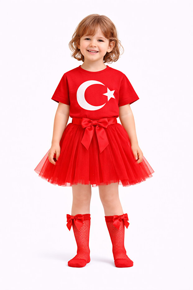 Turkish Flag Printed Red Short Sleeve T-Shirt, Red Tutu Skirt and Red Fishnet Socks Set