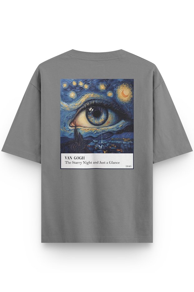 Women's / Men's Semi Oversize T-Shirt Van Gogh Starry Night Back Printed Gray T-Shirt 1243