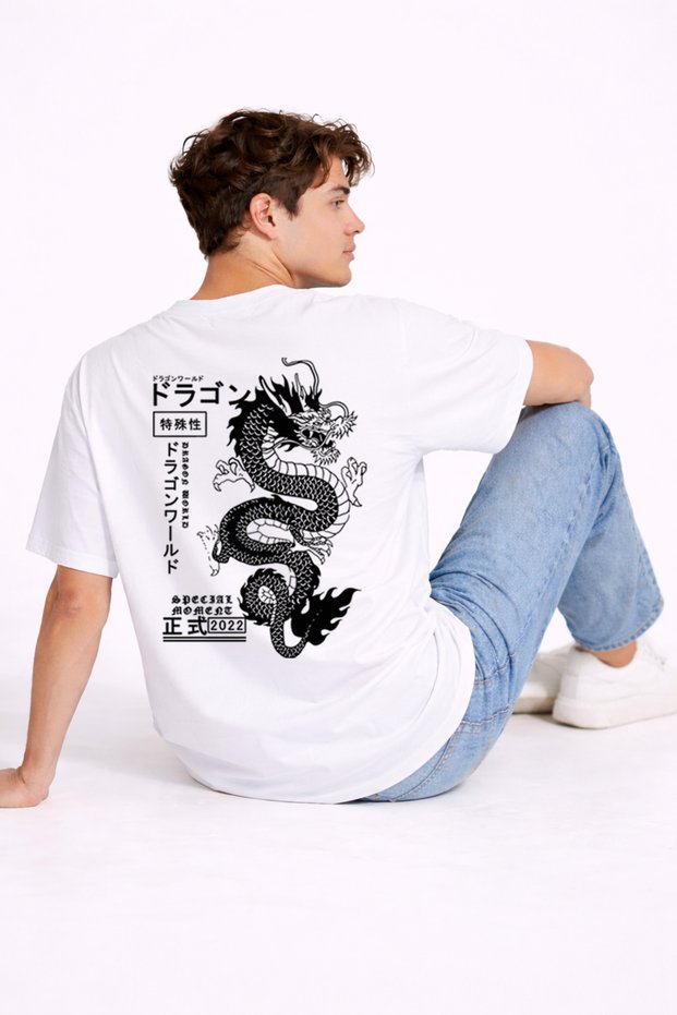 Oversize Men's T-Shirt with Back Print Dragon Japanese Style Streetwear Graphic White