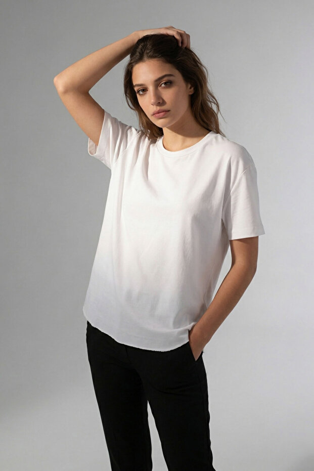 Bauta Regular Fit Crew Neck Low Sleeve Oval Hem and Sleeve Laser Cut Women's Blouse Top - Ecru