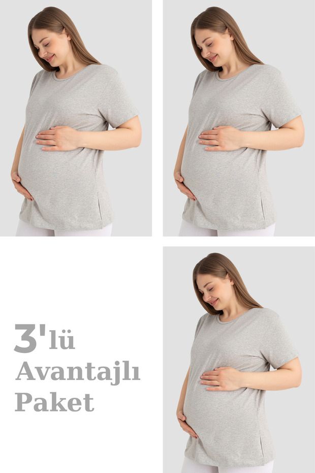 Cotton Short Sleeve Maternity T-Shirt in Gray 3-Pack – Soft and Comfortable Maternity Wear