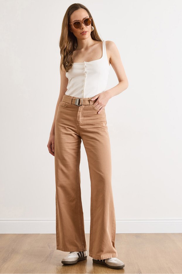 Women's Camel Belted Washable Wide Leg Gabardine Trousers Pnt-19000396