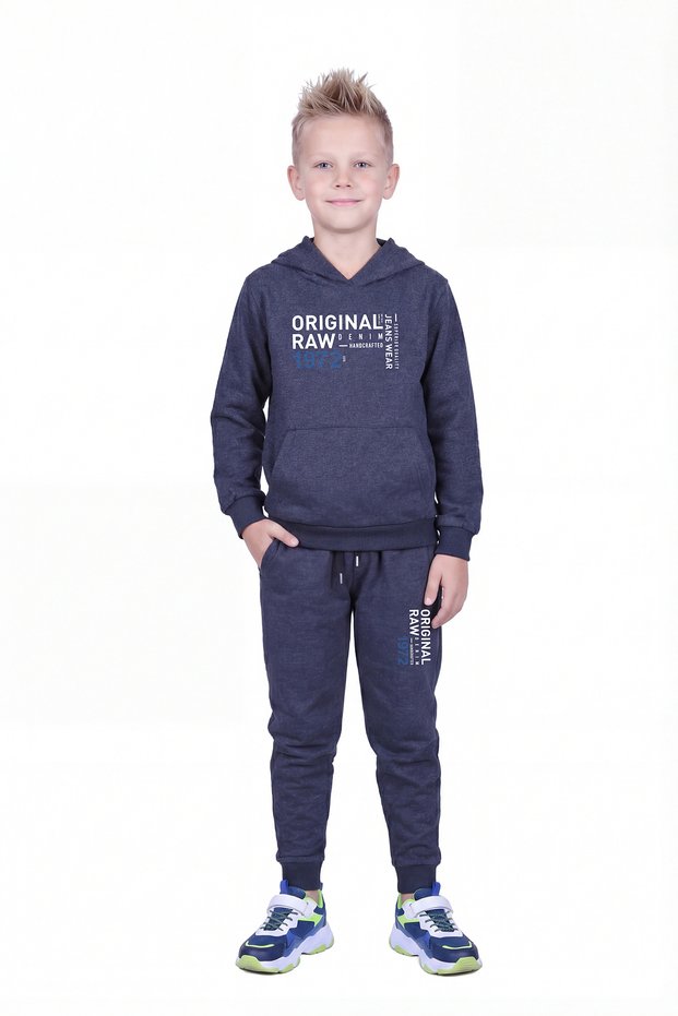Kangaroo Pocket Hooded Original Print Detailed Boys' Tracksuit Set