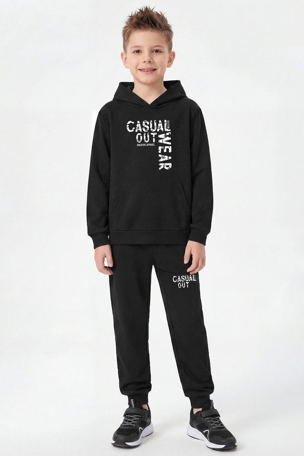 Kangaroo Pocket Hooded Casual Wear Boys' Tracksuit Set with Print Detail