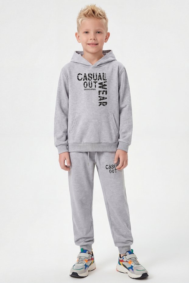 Kangaroo Pocket Hooded Casual Wear Boys' Tracksuit Set with Print Detail