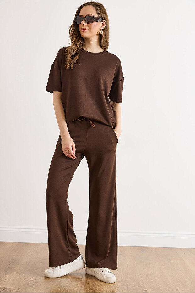 Women's Brown Crew Neck Top and Bottom Set with Viscose Content Tkm-19000482