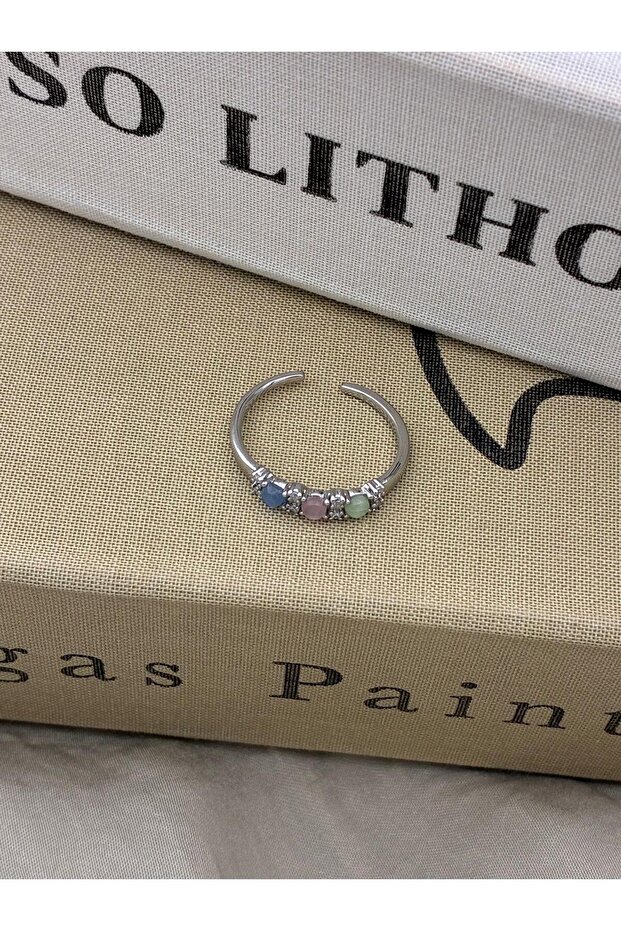 Silver Color Green Pink Blue Three-Color Adjustable Minimal Brass Ring with Zircon Stone