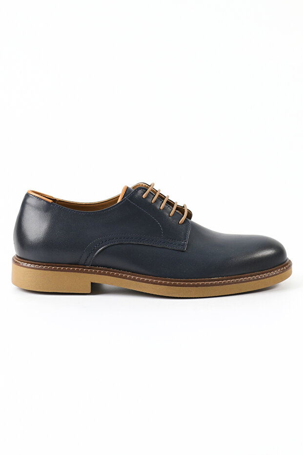 Genuine Leather Navy Blue Derby Model Men's Shoes - 242020