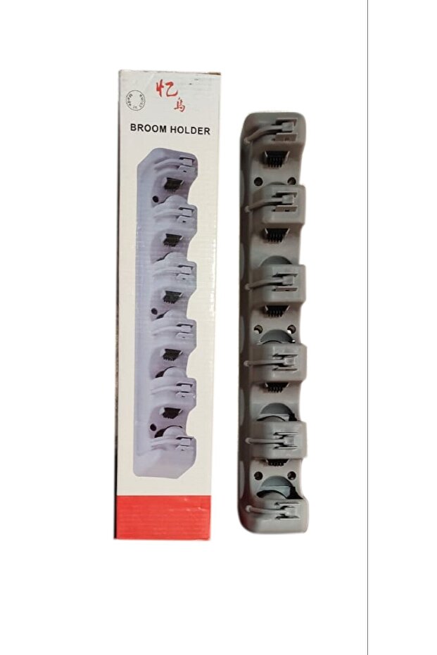 Wall Mount Broom and Mop Holder, Plastic, Gray, Multi-Purpose, with Hooks