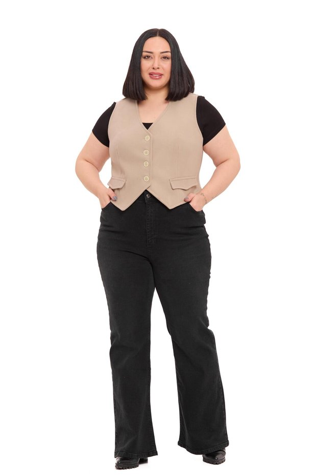 Plus Size Button Closure Pocket Flap Lined Short Cashmere Stone Color Vest
