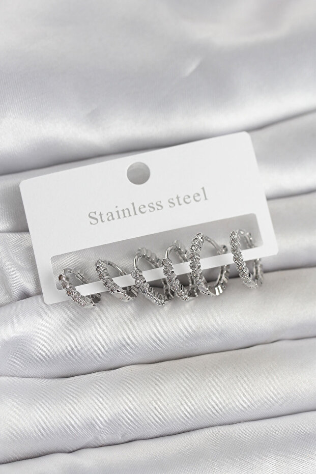 316L Steel Silver Color Zircon Stone Hoop Model Women's Earring Set