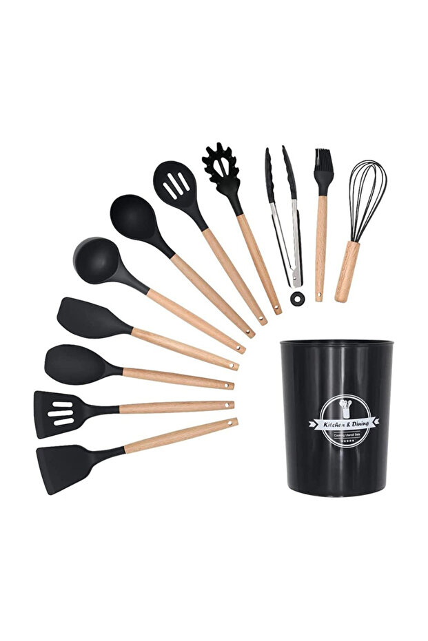 Silicone Cooking Utensils Set Wooden Handles Holder Heat Resistant Non Toxic Kitchen Essentials
