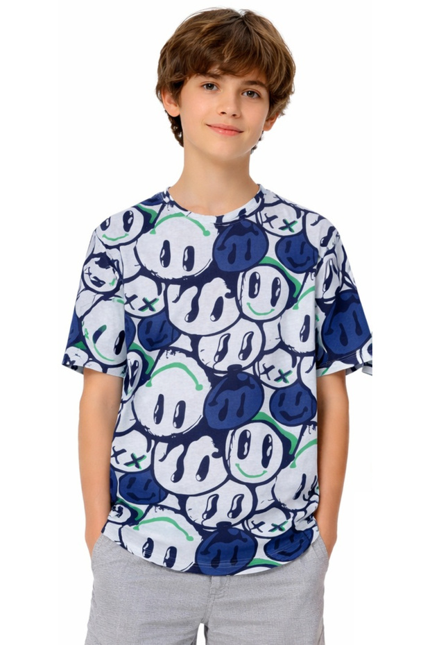 Boy'S/Girl's Smiling Face Patterned Oversize Fit White Color T-Shirt