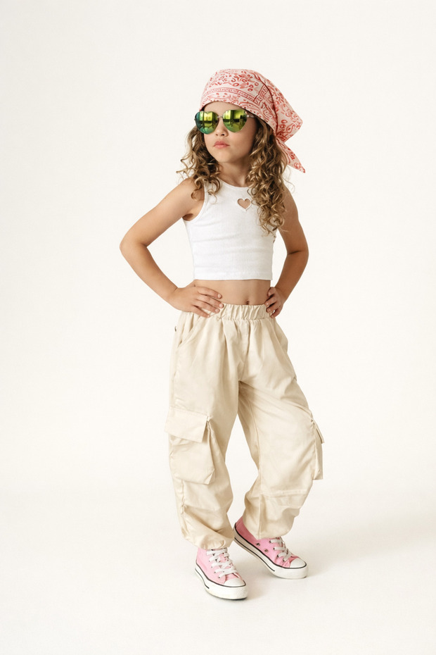 Girl's Parachute Fabric Top and Bottom Set, Comfortable Fit, Sports Combination with Cargo Pants