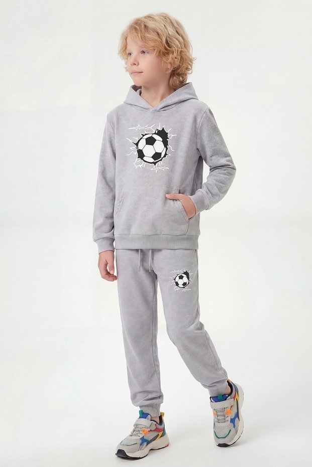 Hooded Kangaroo Pocket Football Print Detailed Boys' Tracksuit Set