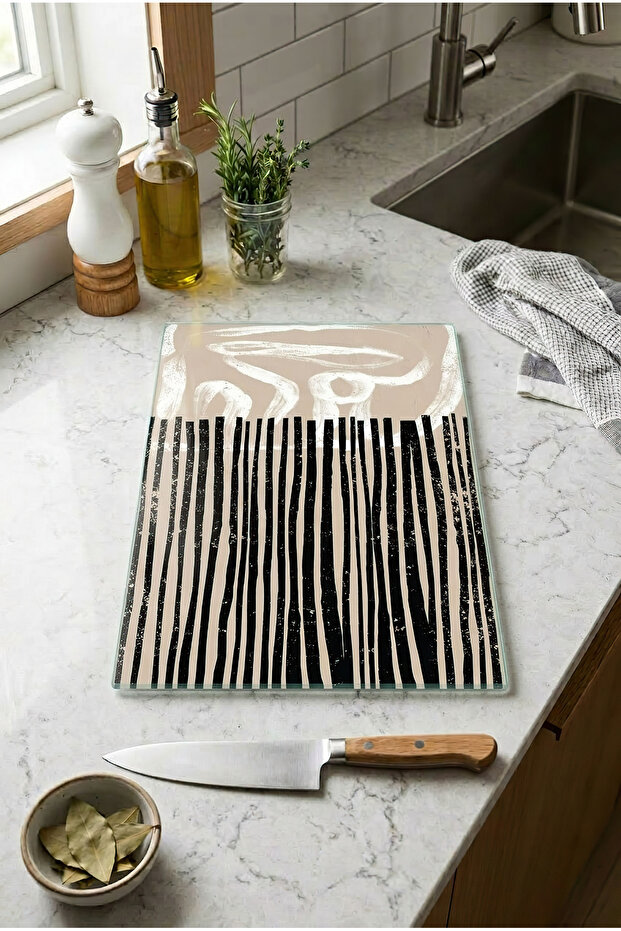 Glass Cutting Board with Non-Slip Base, Black Line Composition