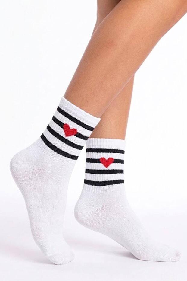 Striped Heart Themed Cotton Colorful Socks White Unisex College Socks - Single