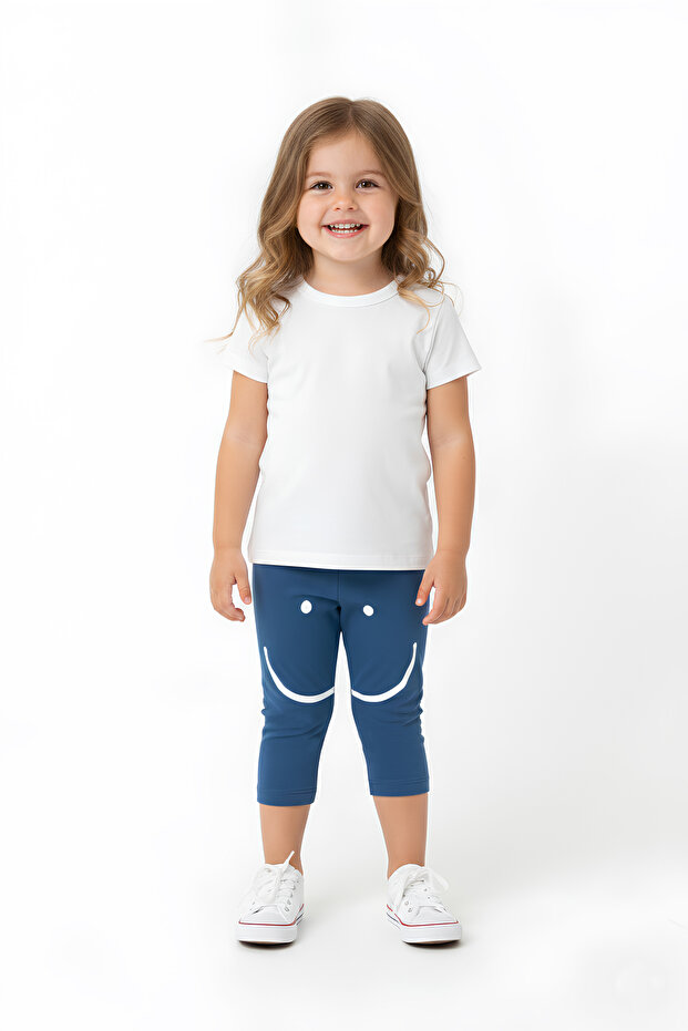 Indigo Baby Capri with Smiling Face Printed on the Knee