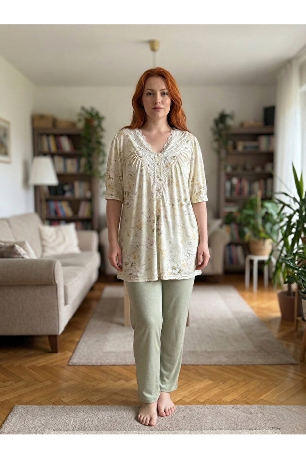 New Season Green V-Neck Lace Detailed Summer Buttoned Short Sleeve Plus Size (Oversize) Pajama Set