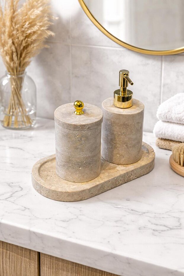 Natural Travertine Bathroom Set – 3 Piece Gold Object Set