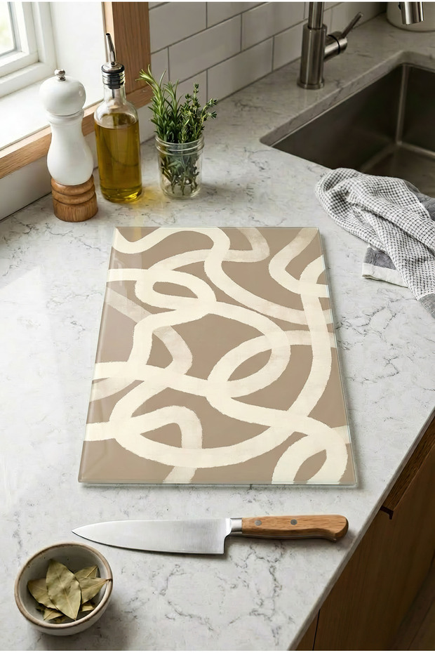Glass Cutting Board with Non-Slip Base Modern Beige Design