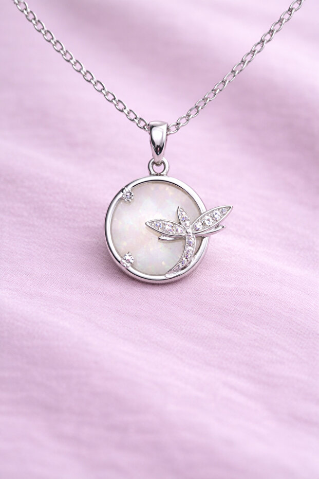 Silver Color Necklace with Dragonfly Figure and Shiny Stone Detail