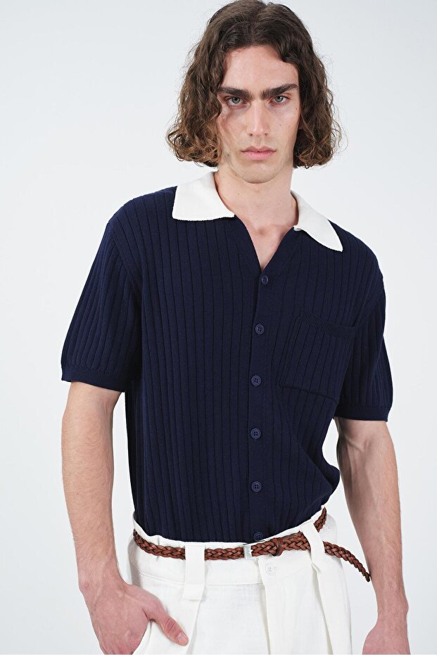 Contrast Collar Navy Blue Tricot Shirt