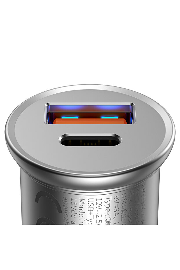 Încărcător auto circular metalic (CCALL-BS0S) - Type-C, USB, PPS 30W, Multi-protocol - Argintiu - 5
