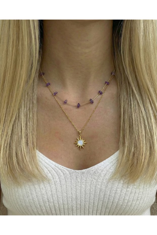 Amethyst Natural Stone Enamel Sun Design Gold Color Necklace Set