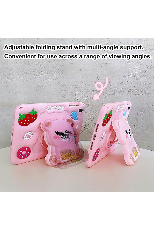 iPad 7 / 8 / 9. Generation 10.2 Compatible 3D Teddy Bear Patterned Silicone Case with Strap Protective Case - 3