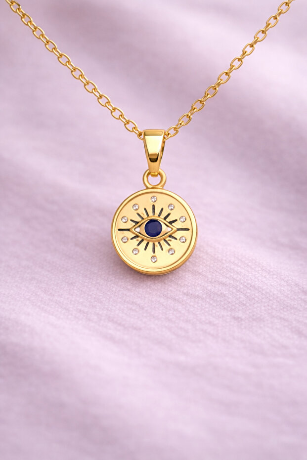 Minimal Shiny Stone Detailed Gold Color Necklace with Eye Figure
