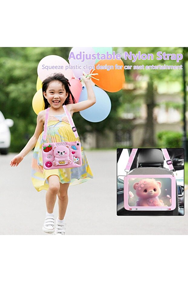 iPad 7 / 8 / 9. Generation 10.2 Compatible 3D Teddy Bear Patterned Silicone Case with Strap Protective Case - 4