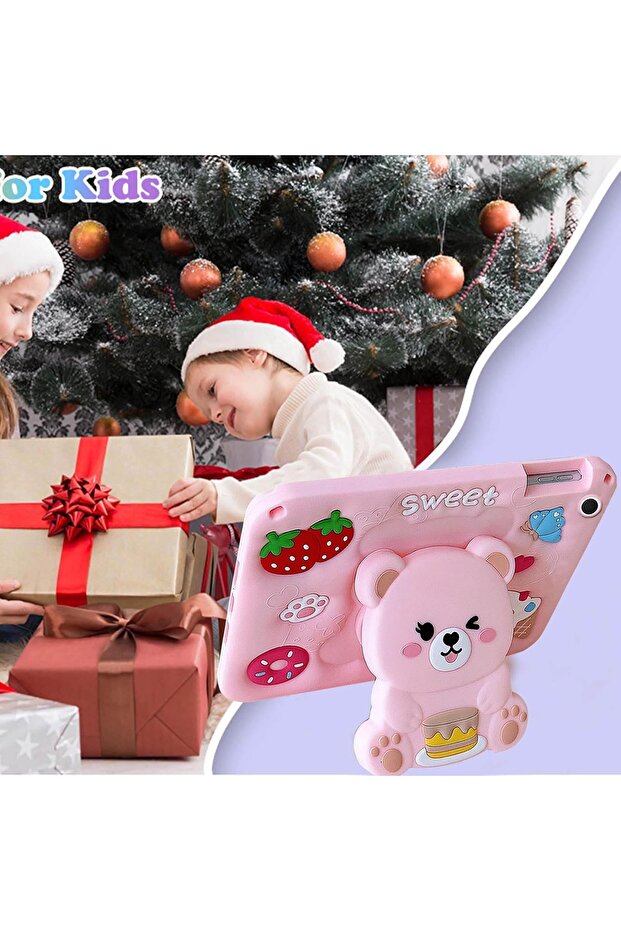 iPad 7 / 8 / 9. Generation 10.2 Compatible 3D Teddy Bear Patterned Silicone Case with Strap Protective Case - 5