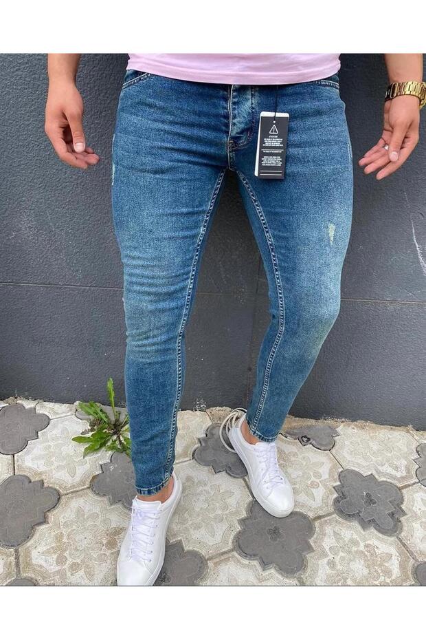 Men's Green Slim Fit Laser-Detail Stretch Fabric Jeans