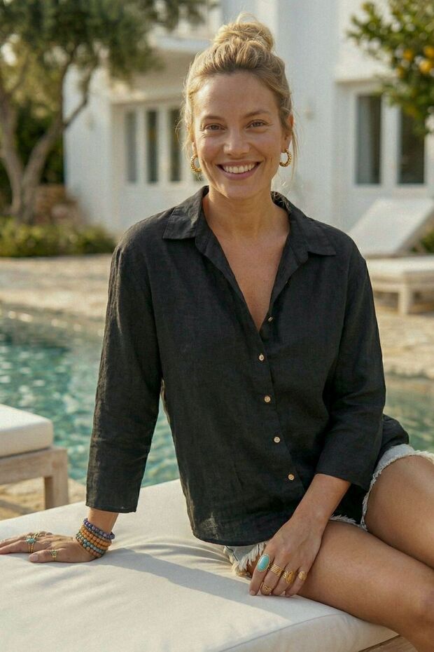 Black Shirt Collar 3/4 Sleeve Buttoned Pocketless Washable 100% Linen Oversize Woven Shirt 75 63